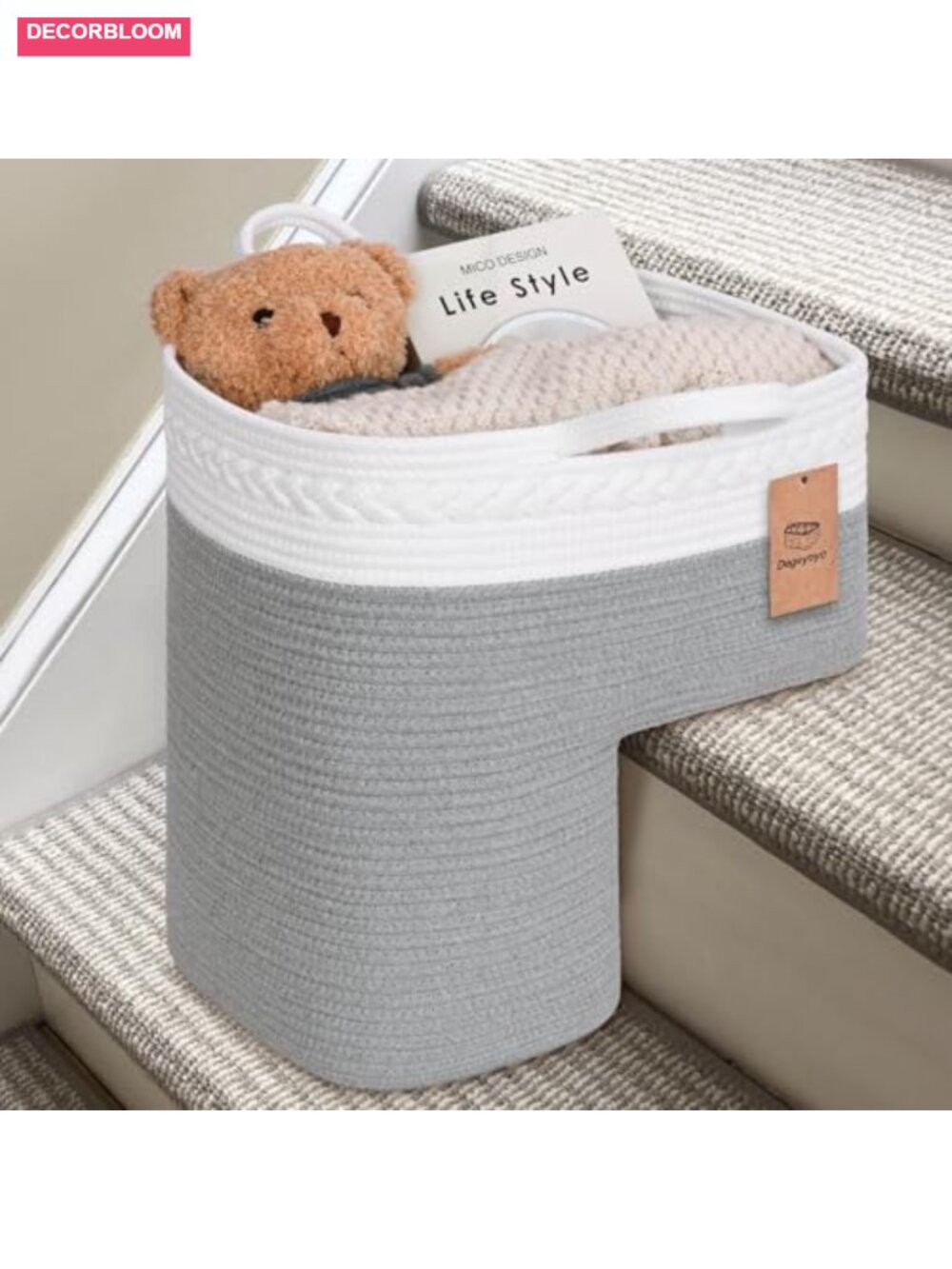Foldable Cotton Rope Stair Basket with Handles, Storage Organizer for Steps